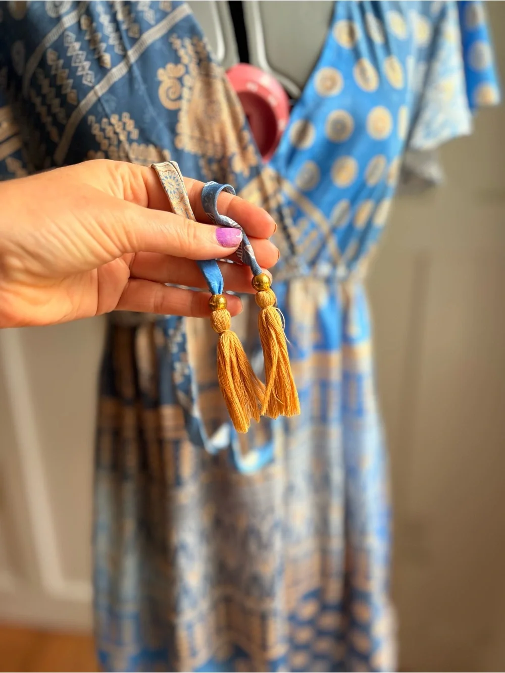 Boho Blue Printed V-Neck Mini Dress with Tassel Detail Small - Picture 7 of 10